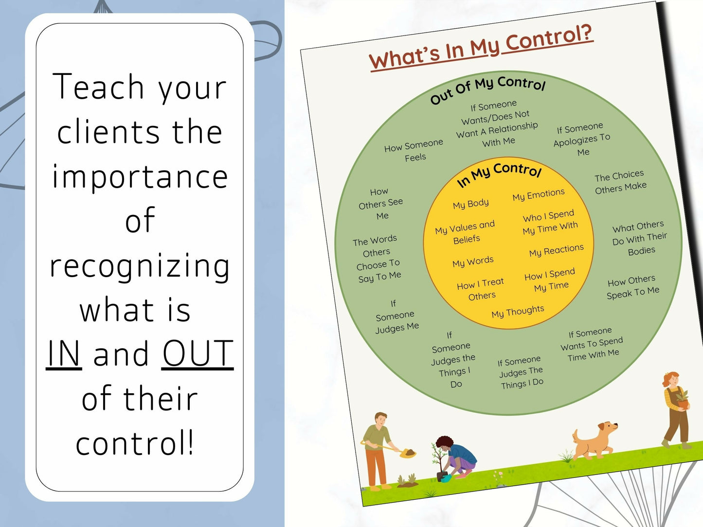 Help your clients cope with stress, improve their mindset and mental health, and reframe their thoughts by learning the difference between what is in and out of their control with this chart