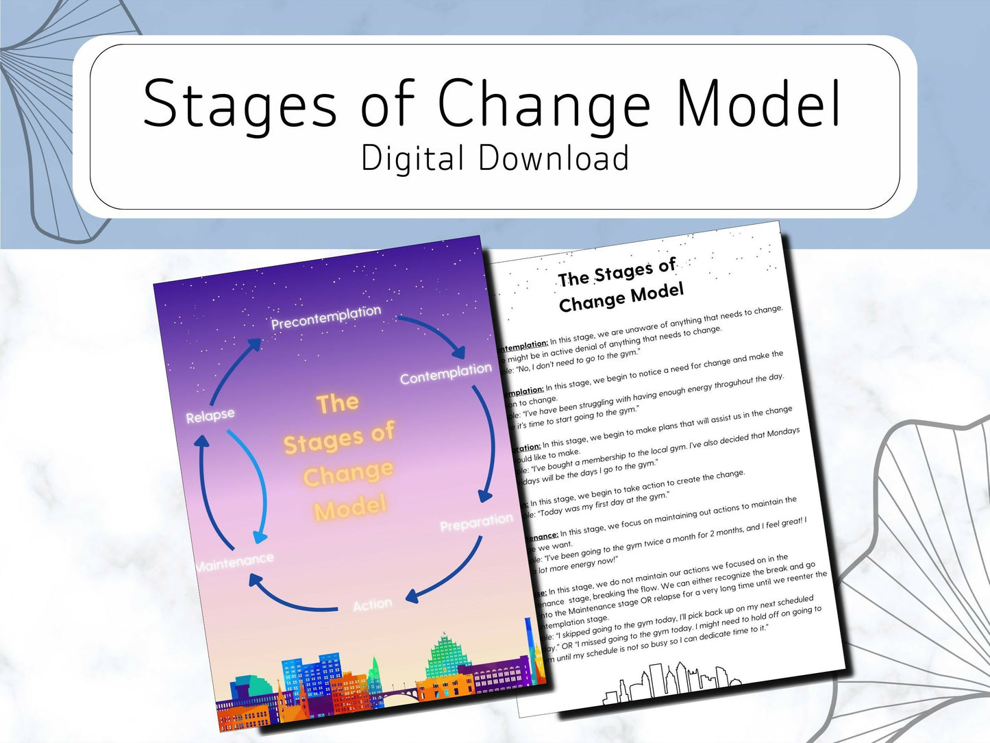 the Stages of Change Model digital handouts! Give your clients a helpful printable worksheet set that outlines the stages of change