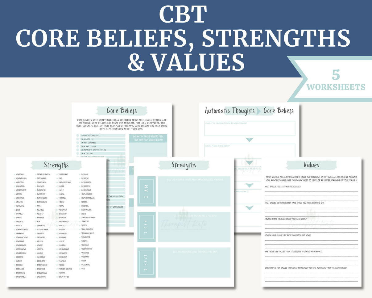 CBT Core Beliefs, Values and Strengths Worksheet Bundle